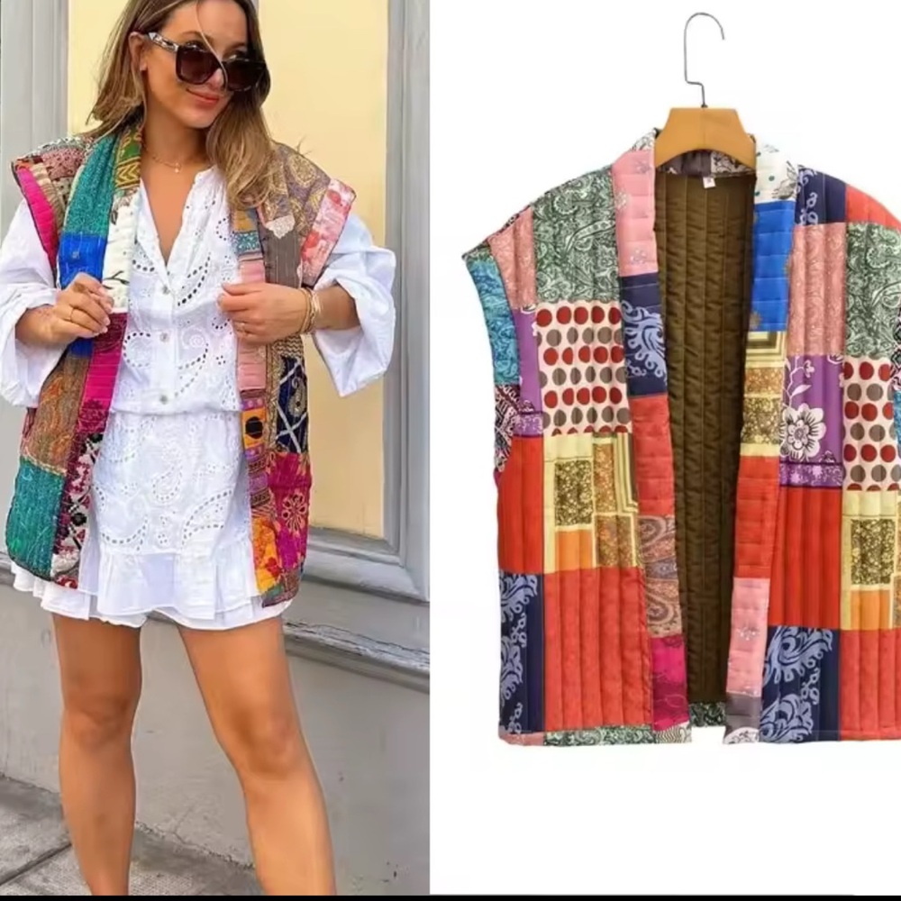 Colorful Patchwork Vest Print Cardigan Demi-Season Vest Women Size Small